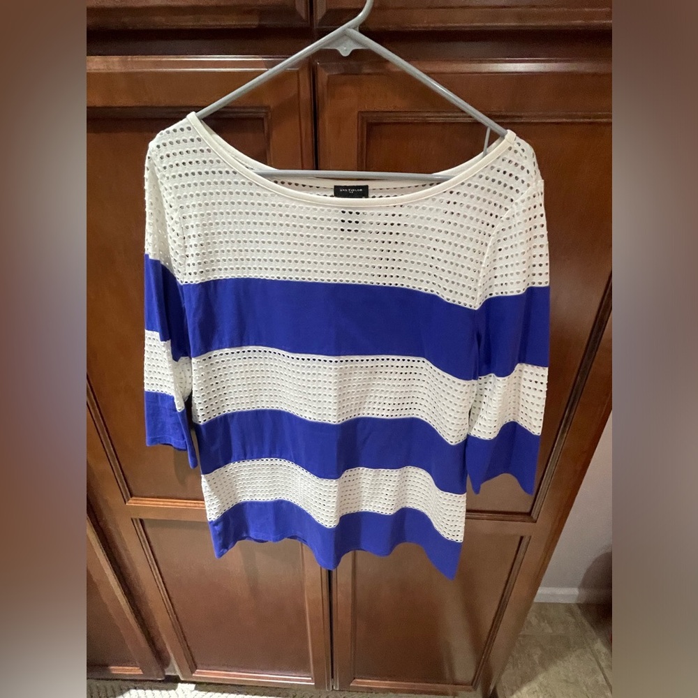 Ann Taylor, 3/4 sleeve, white and blue striped top. Size L.